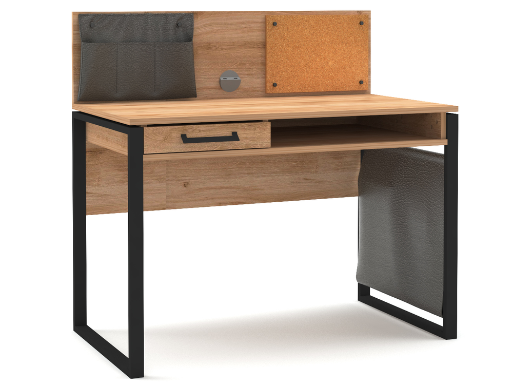 Bureau IRONY met eiken blad, antraciet stalen poten, en opzetstuk met vakjes en kurkbord.