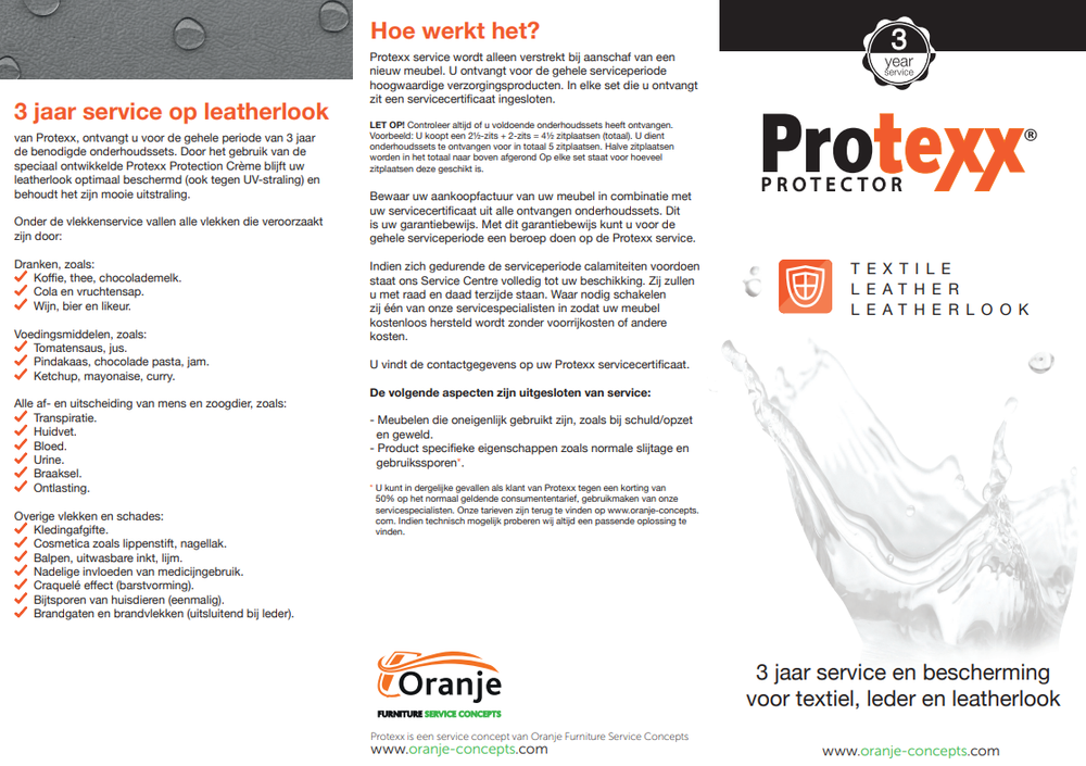 Protexx beschermingsset voor grijs lederlook meubelstof, 1 zitplaats, 3 jaar vlekgarantie.
