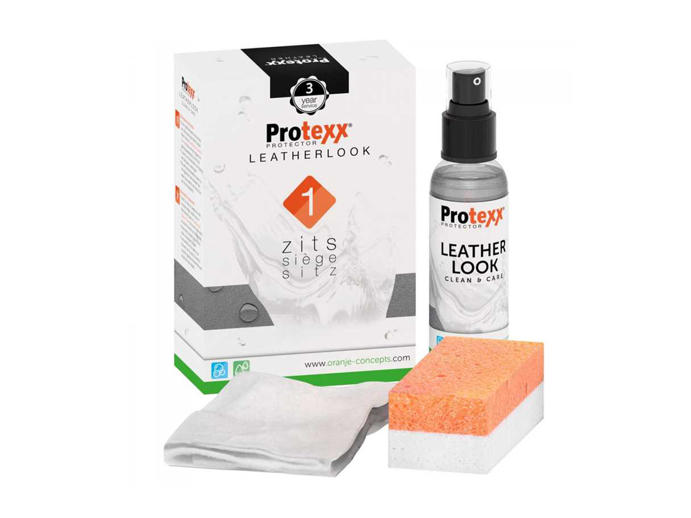 Protexx Leatherlook kit: witte doos, grijze spuitfles, witte doek, oranje-witte spons voor 1 zitplaats, 3 jaar vlekken.