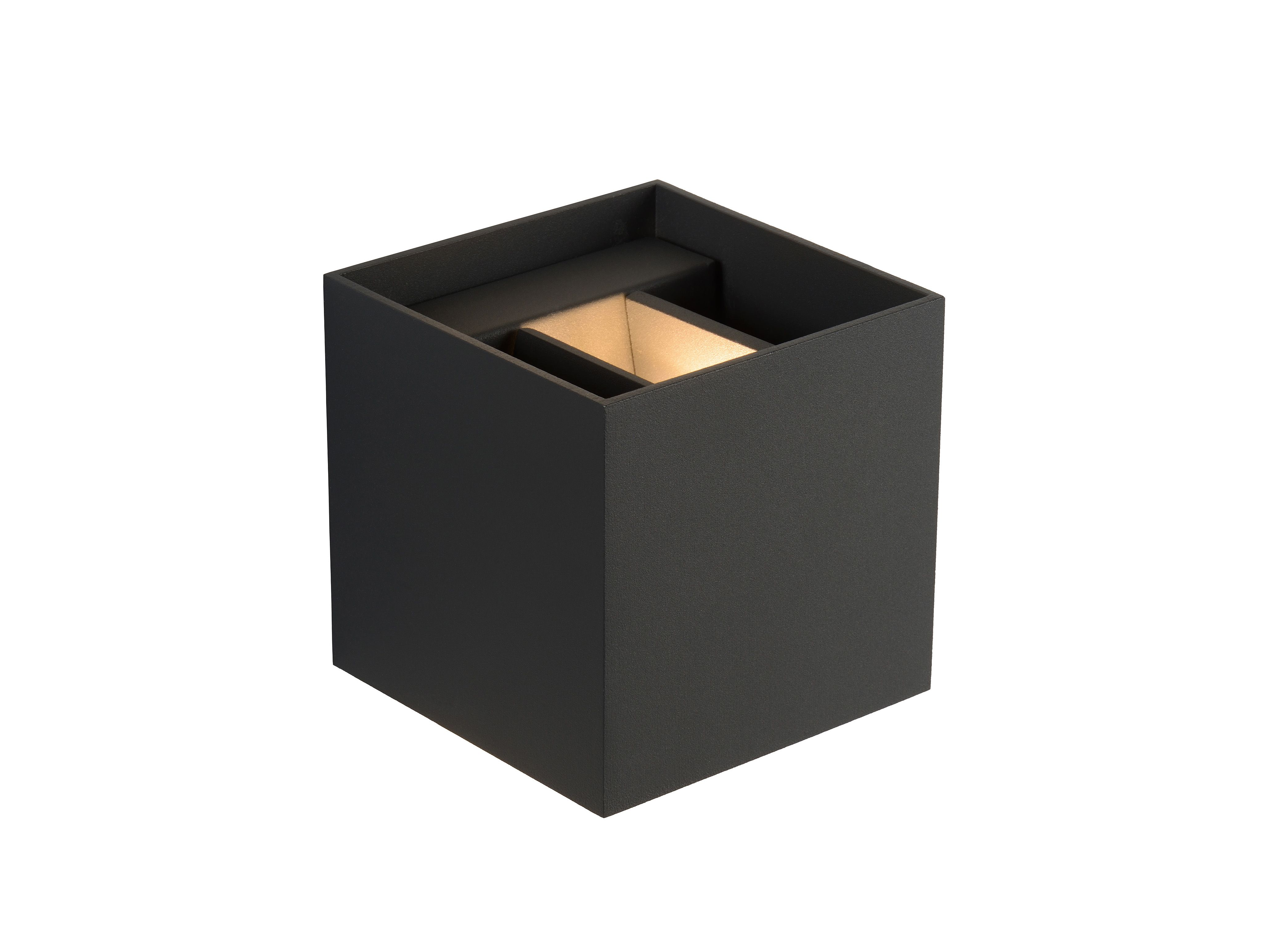 Wandlamp XIO van grijs aluminium in de vorm van een open kubus.