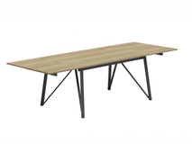 Uitschuifbare eetkamertafel WACKO met naturel houten blad en zwarte metalen poten.