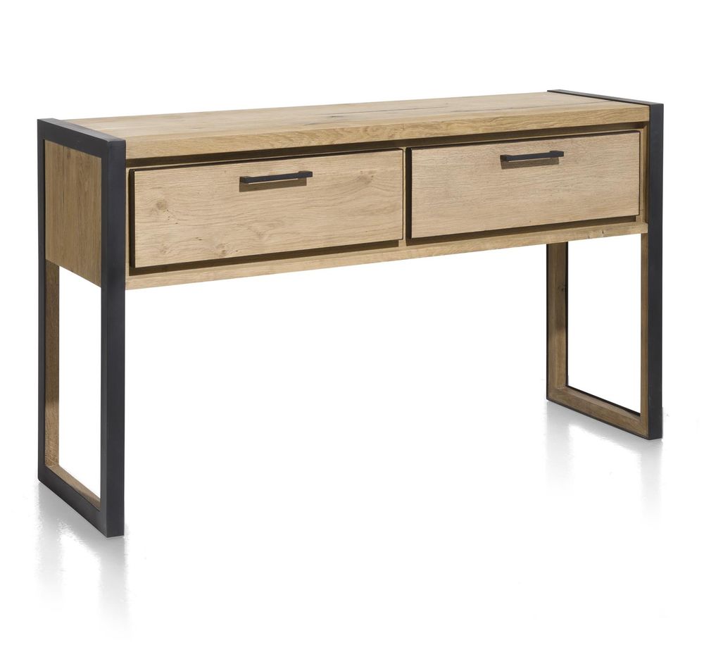 Wandtafel METALO Railway Brown met eikenblad en twee laden, metalen frame.