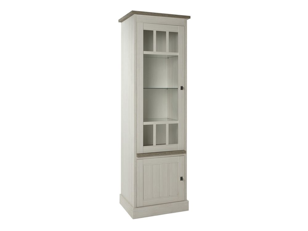 YORK vitrinekast links, wit lariks met bruine eiken detail en glazen deuren.