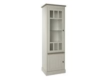 YORK vitrinekast links, wit lariks met bruine eiken detail en glazen deuren.