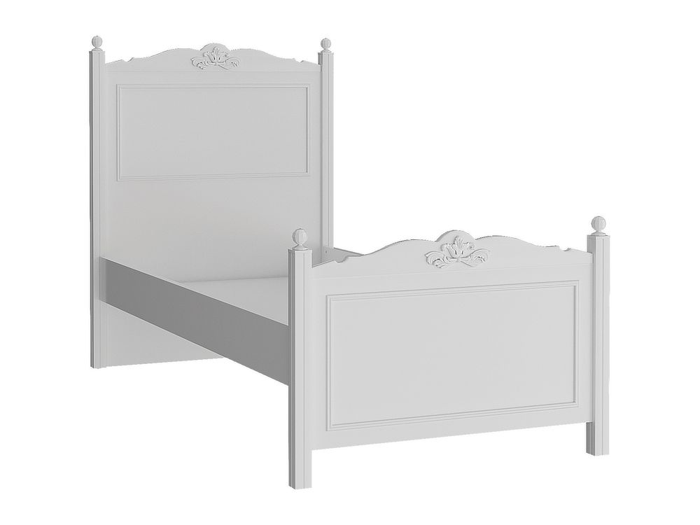 Wit houten bed LORA 90x200 cm met klassieke details aan hoofd- en voeteneinde.