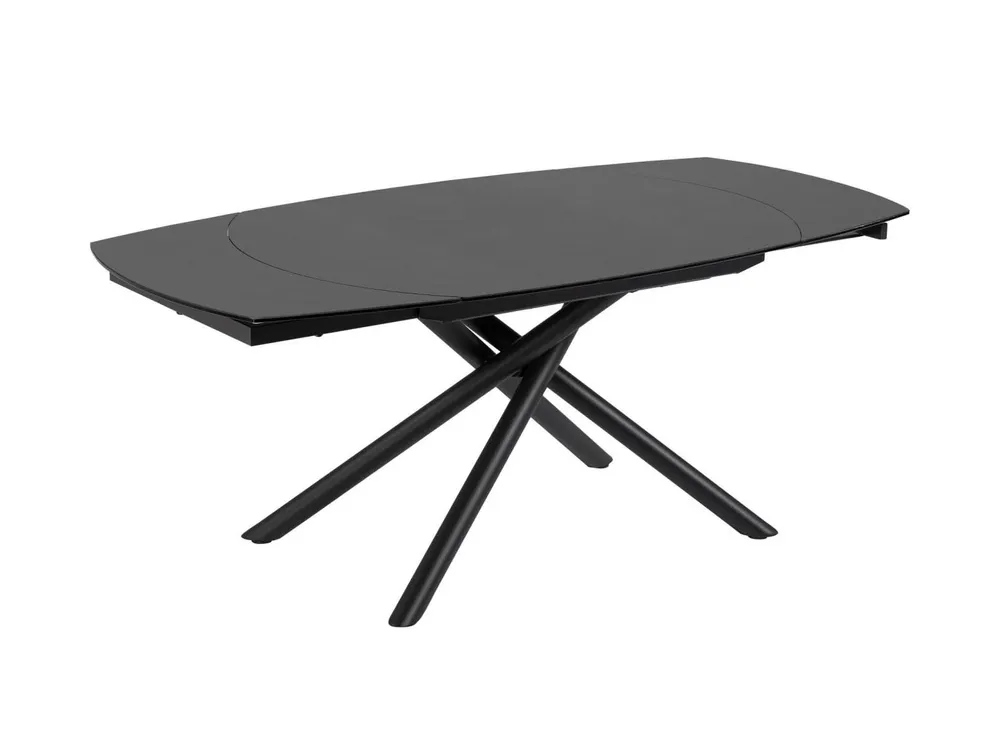 Uitschuifbare tafel YODALIA van zwart gehard glas met zwart metalen onderstel.