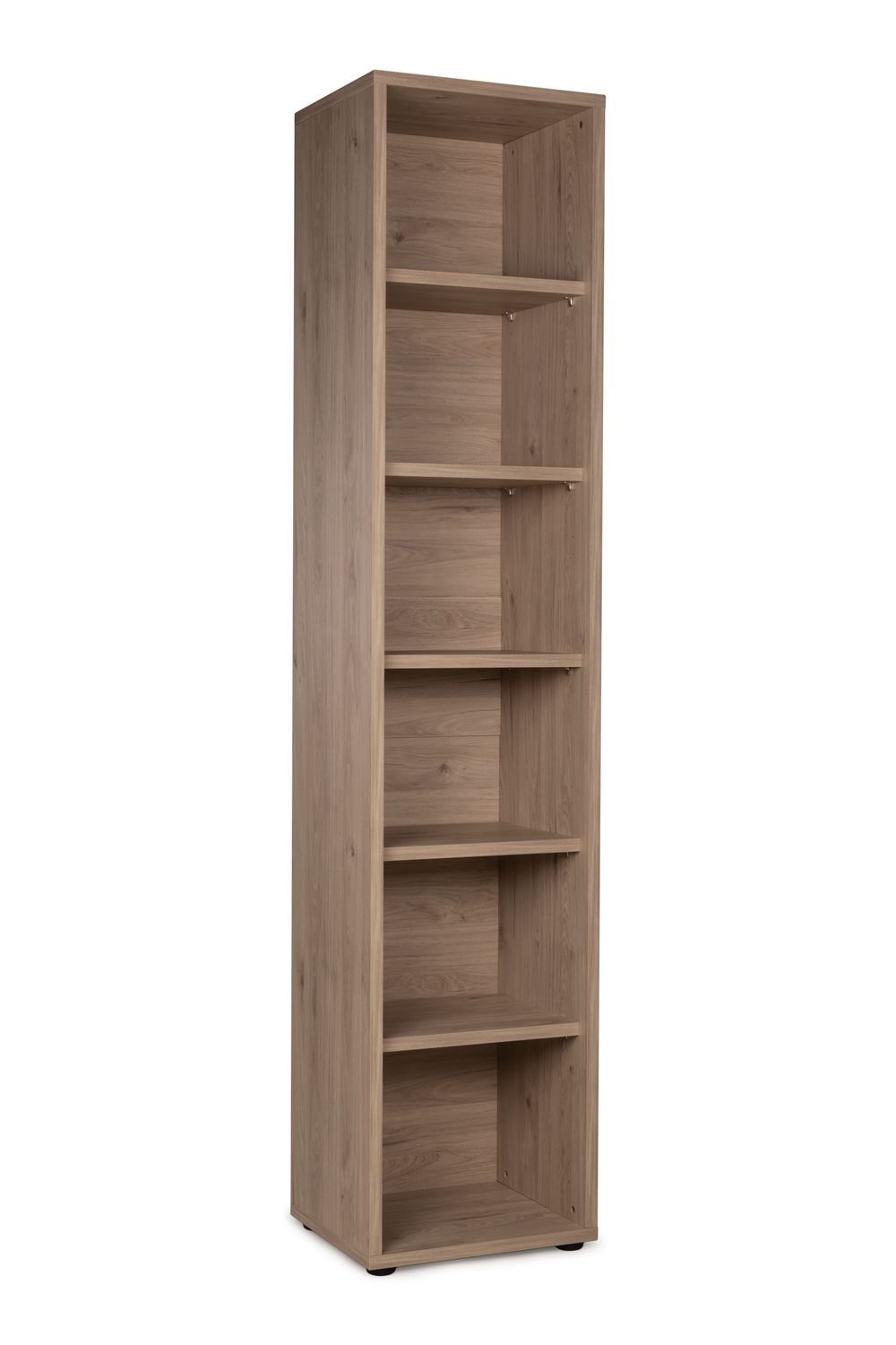 Smalle, hoge boekenkast BIZZY met 6 open vakken en een eikenhouten uitstraling.