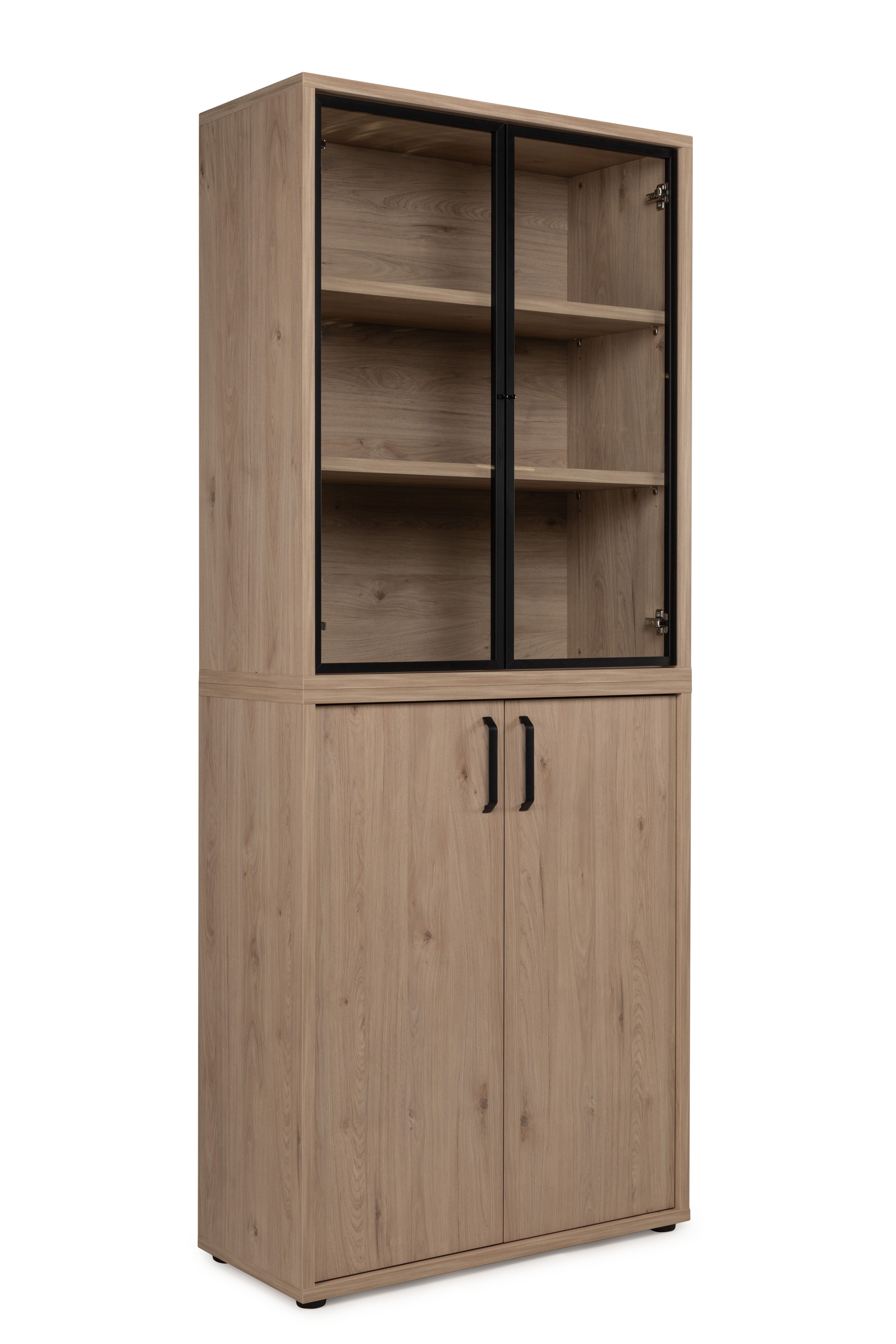 Hoge kast BIZZY met 2 glasdeuren - Eik/zwart