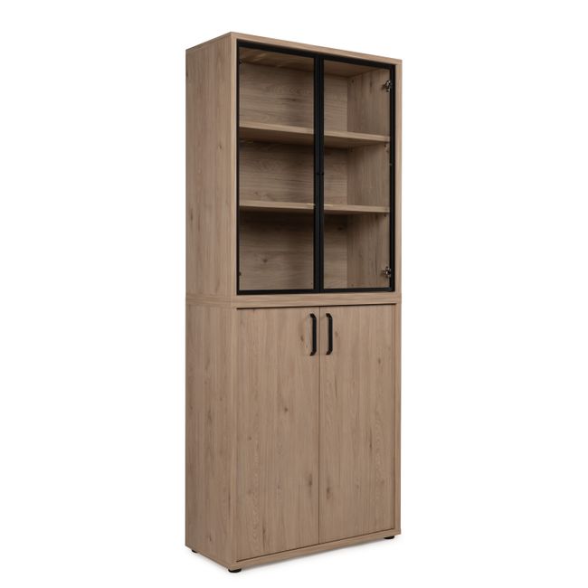 Hoge kast BIZZY met 2 glasdeuren - Eik/zwart