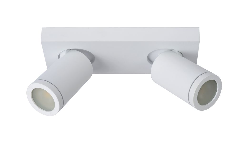 Witte metalen plafondspot met twee richtbare lampen.