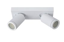 Witte metalen plafondspot met twee richtbare lampen.