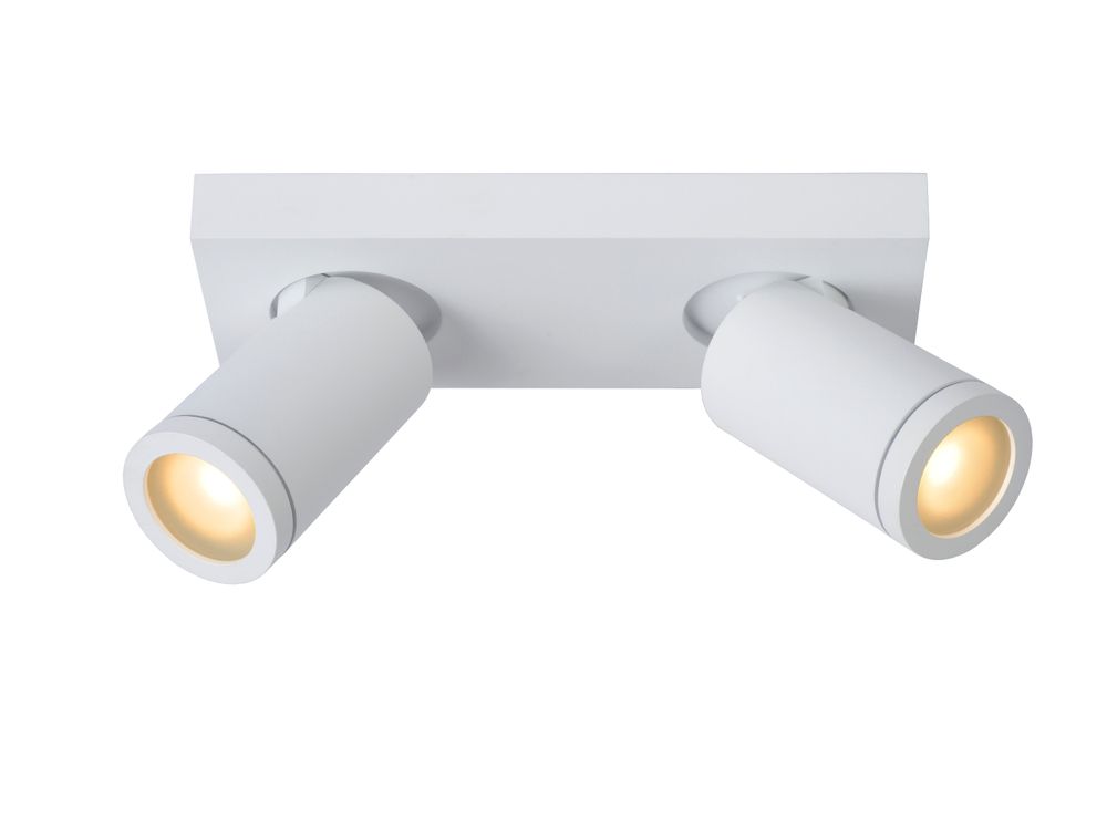 Plafondspot van metaal met twee witte, cilindervormige verstelbare spots die warmgeel licht geven.