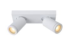 Plafondspot van metaal met twee witte, cilindervormige verstelbare spots die warmgeel licht geven.