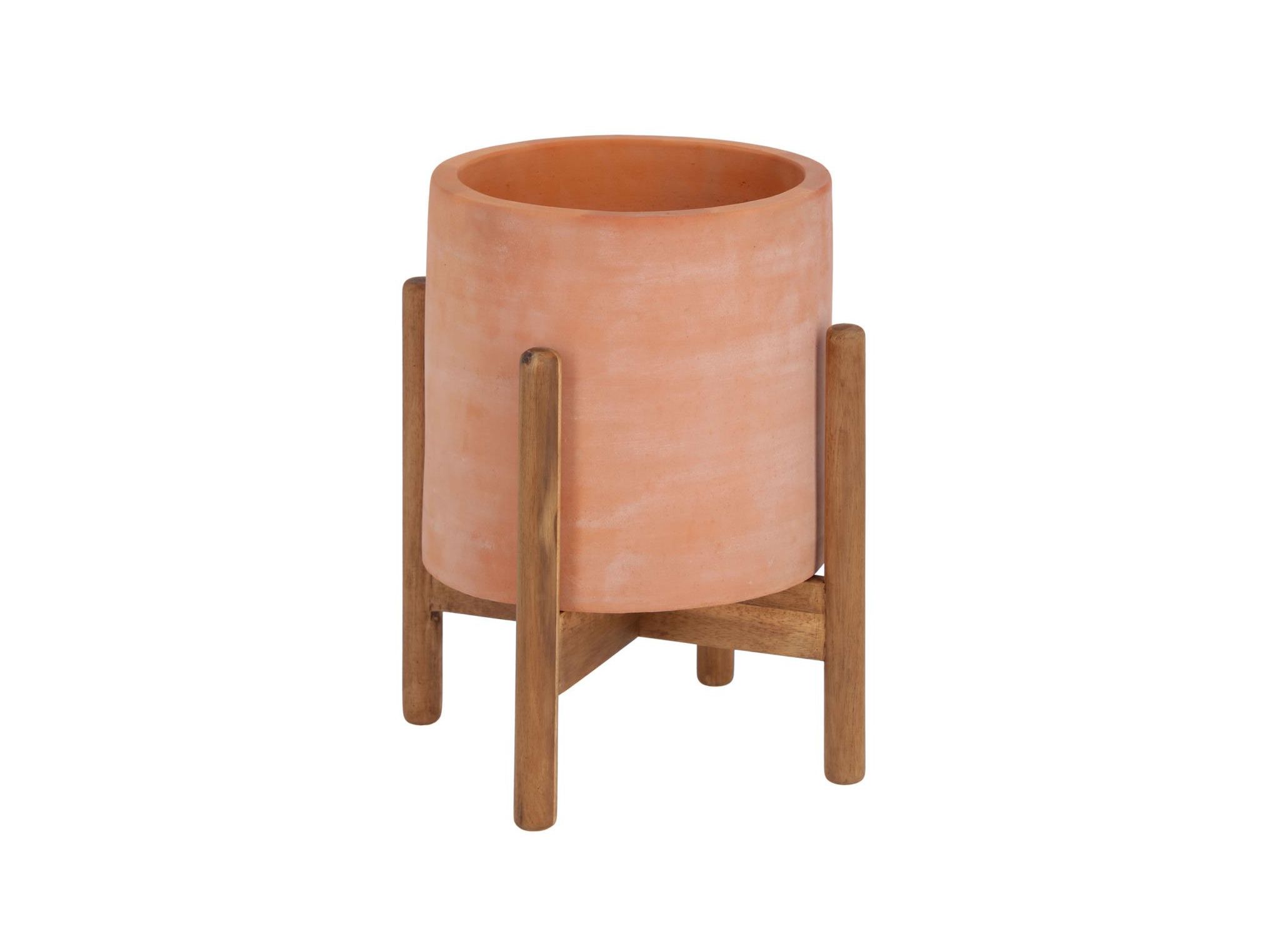 Bloempot DALVA van terracotta met een rode kleur op een houten staander.