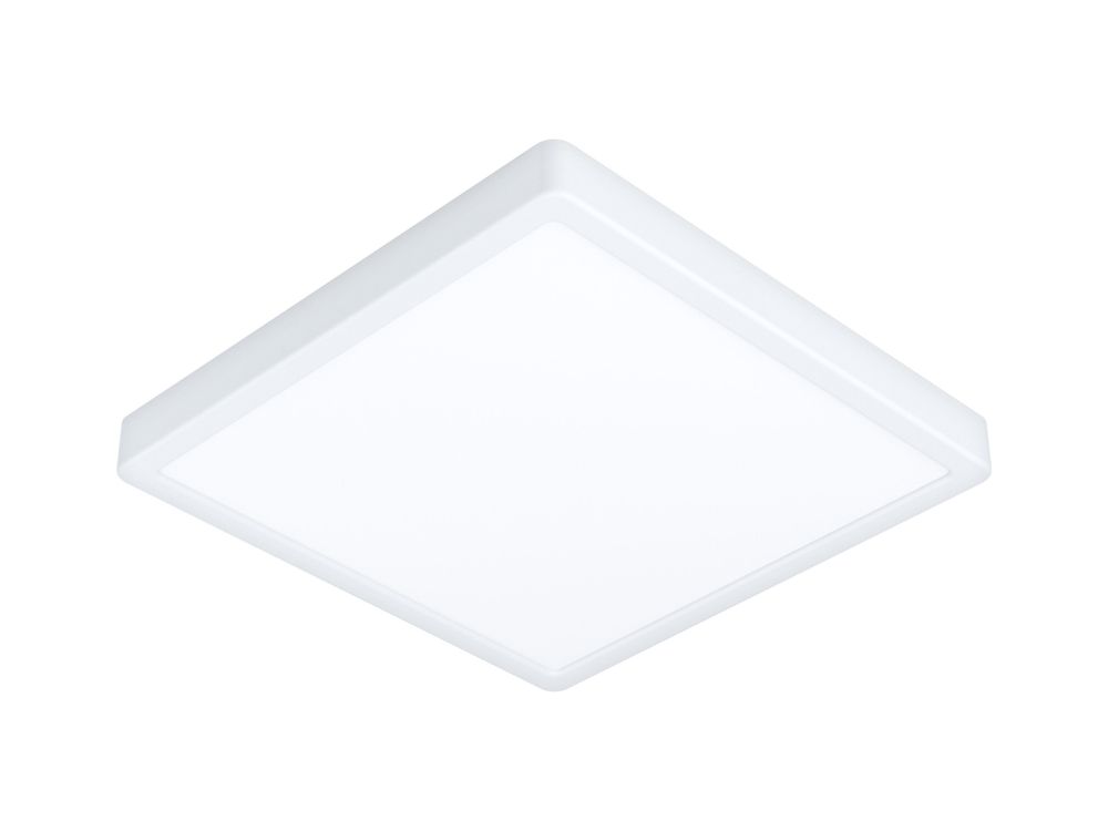 Vierkante witte plafondlamp van aluminium en kunststof.