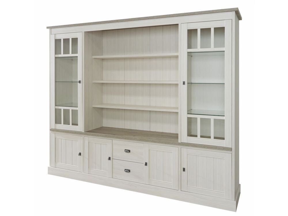 York vitrinekast van lariks- en eikenhout in beige, met glasdeuren en planken.