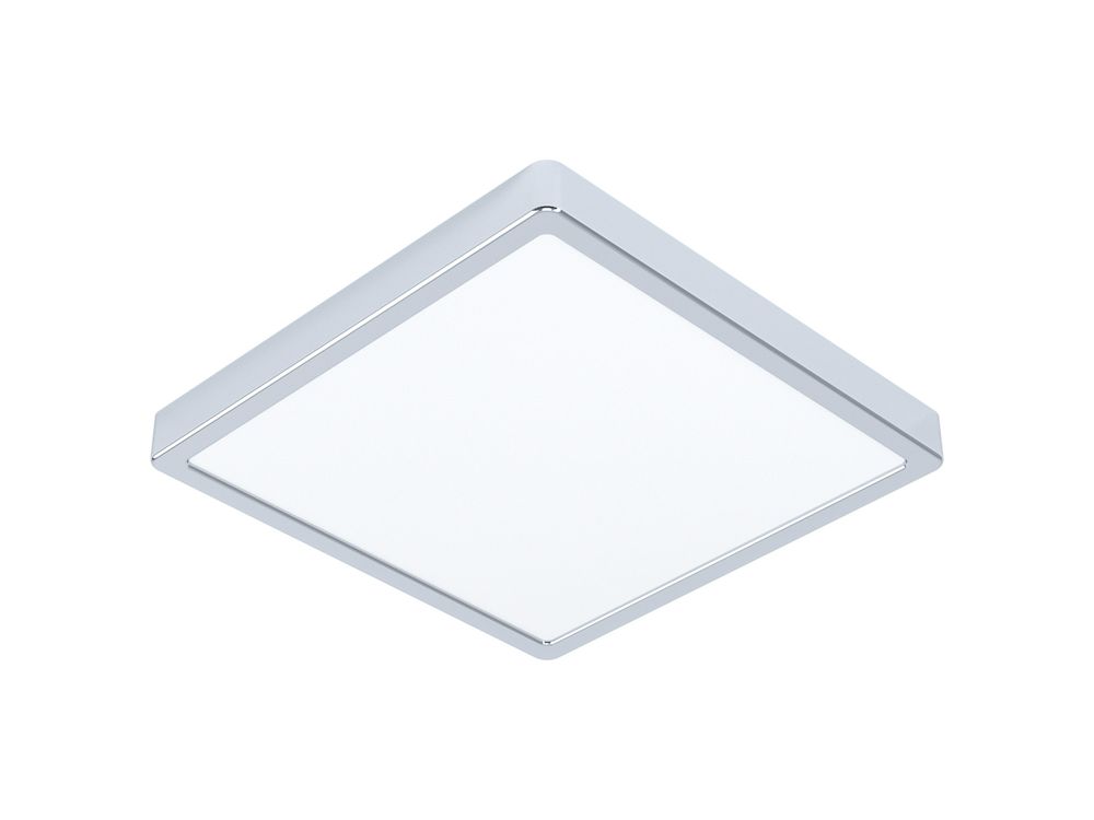 Vierkante, chroomkleurige plafondlamp met wit lichtvlak.