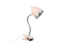Knijplamp met flexibele chroomkleurige hals en beige klem en kap.