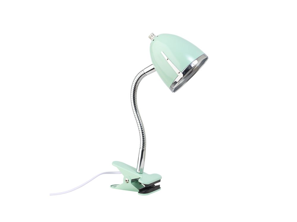 Mintgroene retro knijplamp met flexibele zwanenhals.