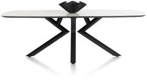 Ovale eetkamertafel MASURA met wit marmerlook blad en zwart metalen onderstel.