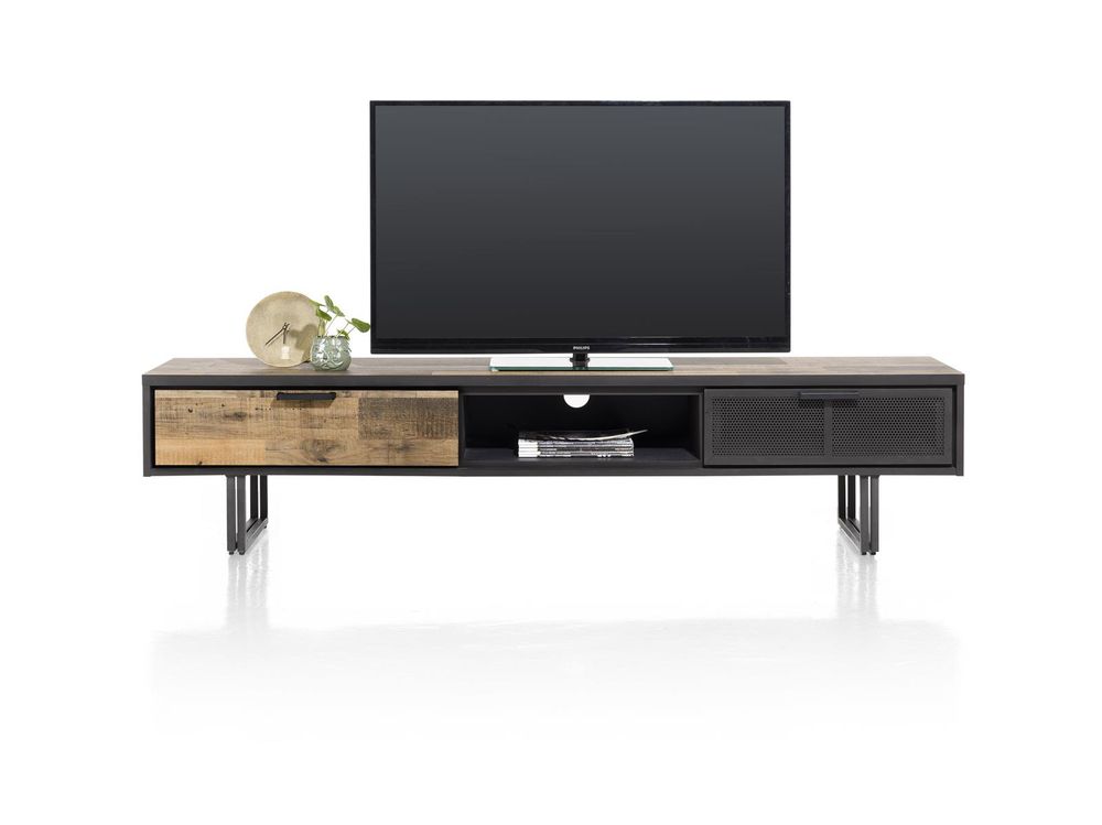 Tv-meubel AVALON in grijs driftwood hout en zwart metaal, met dichte en geperforeerde lades.