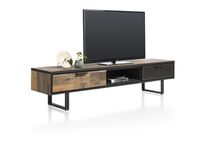 Tv-meubel AVALON in bruin driftwood en zwart metaal, met dichte en geperforeerde laden.