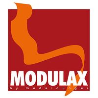 Logo van Modulax: de bedrijfsnaam in witte letters met een oranje, golvend figuur op een rood vierkant.