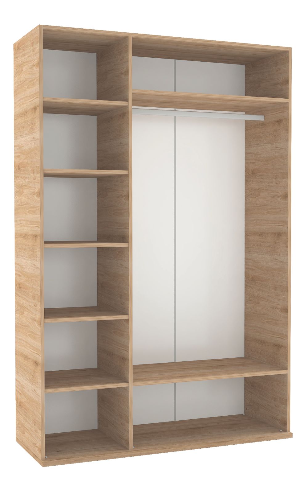 Kleerkast IRONY: beige houtlook met witte elementen, inclusief planken en een hanggedeelte.