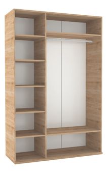 Kleerkast IRONY: beige houtlook met witte elementen, inclusief planken en een hanggedeelte.