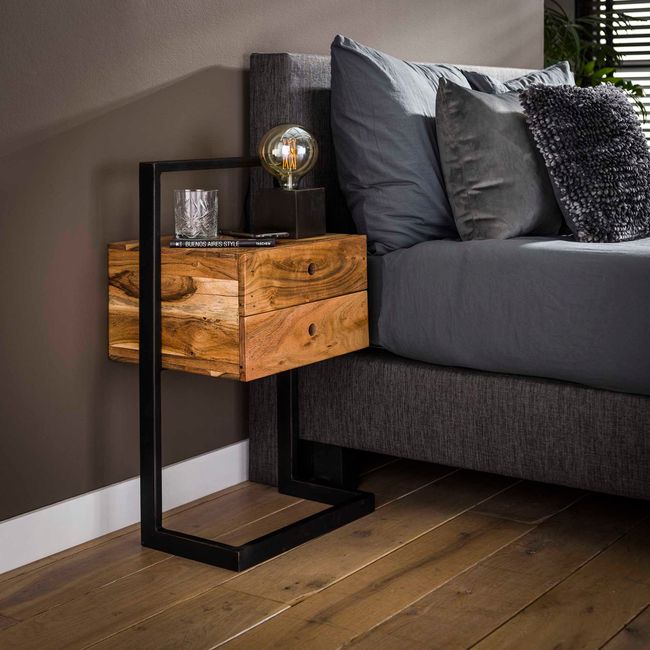 Nachtkastje RIGID - Acacia/zwart metaal