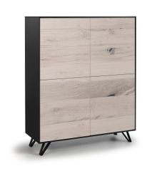 Barkast SITO met zwarte zijkanten en lichte houten deurtjes, aan de onderkant zwarte V-vormige poten.