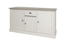 Dressoir met deuren en lades, wit van lariks met een bovenblad van lichtbruin crystal oak.