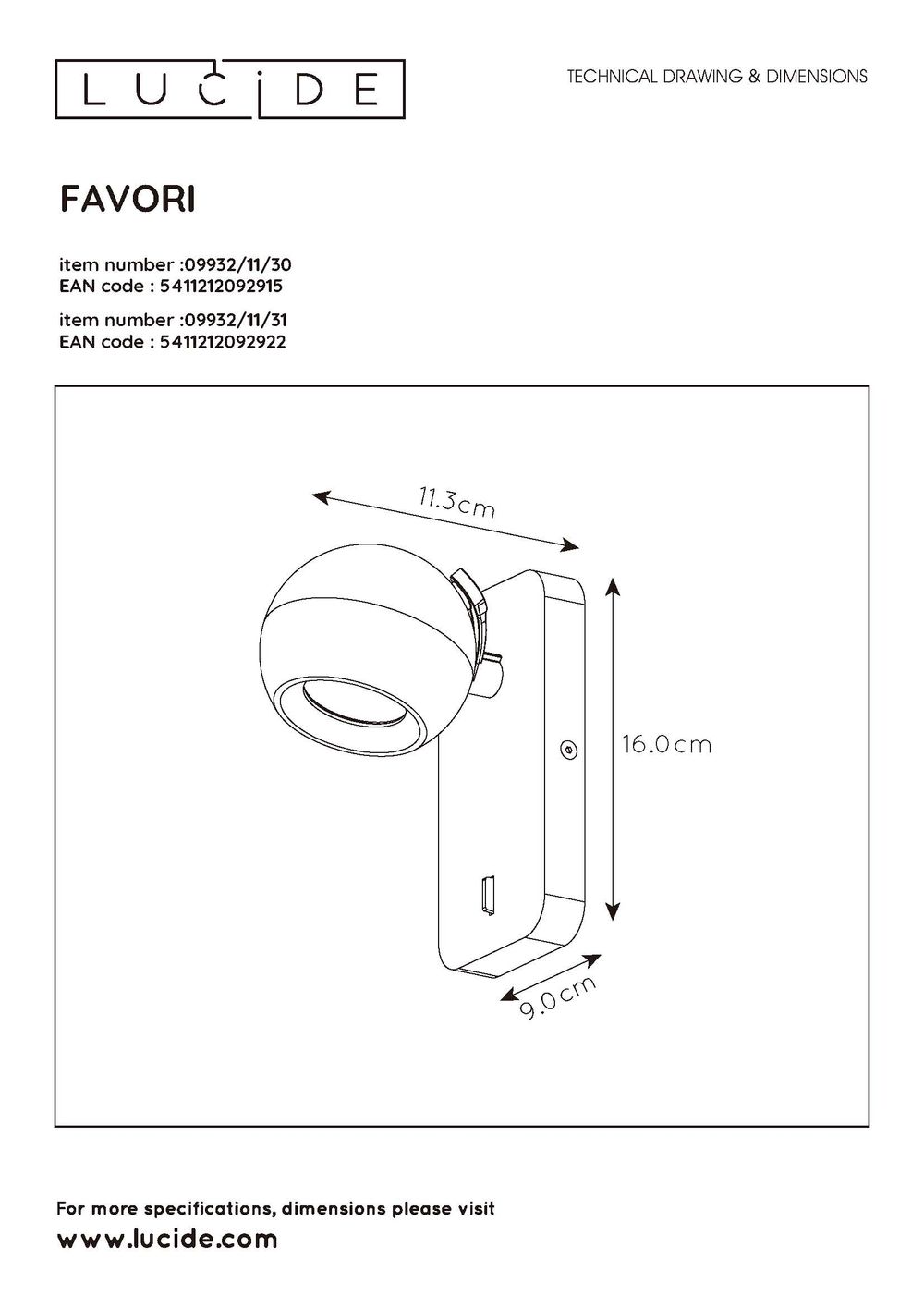 Wandspot FAVORI 1x - Zwart LCD099321130