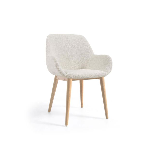 Armstoel KONNA - Wit bouclé / hout