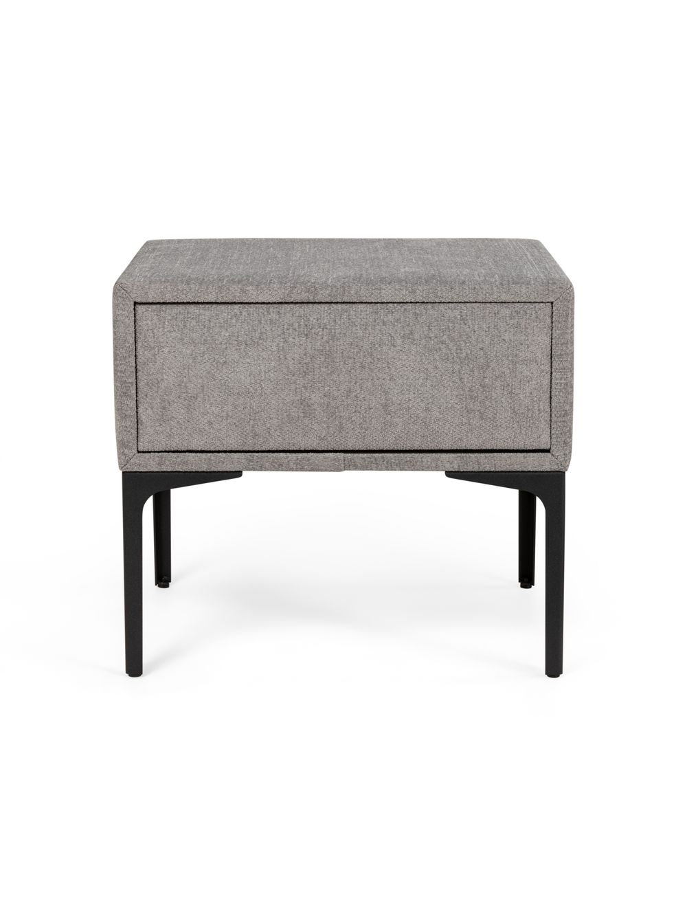 Nachttafel ANNA, lichtgrijs stof bekleed met een lade en een zwart metalen frame.