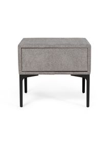 Nachttafel ANNA, lichtgrijs stof bekleed met een lade en een zwart metalen frame.