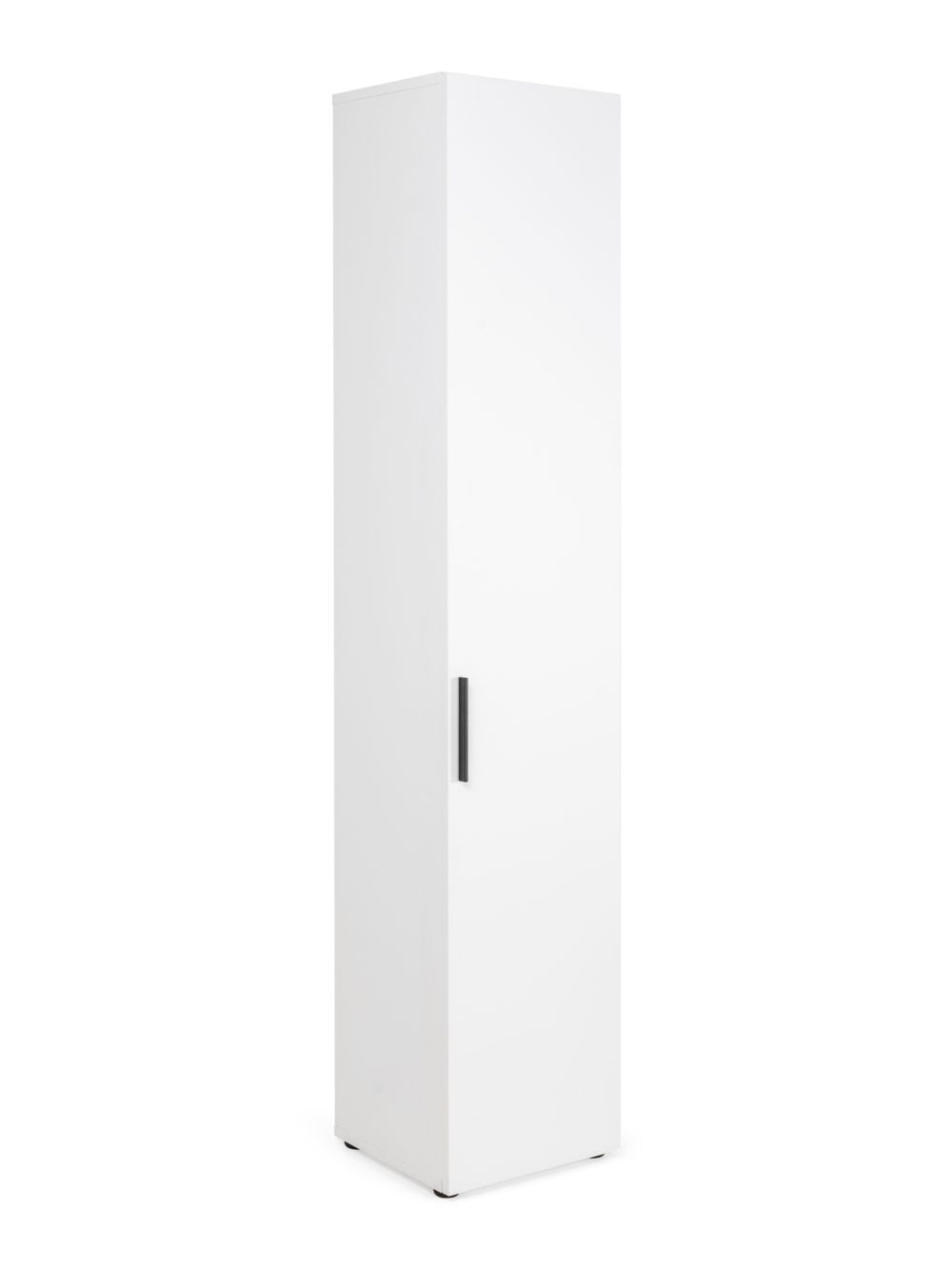 Witte smalle boekenkast met deur en zwarte handgreep, van melamine.