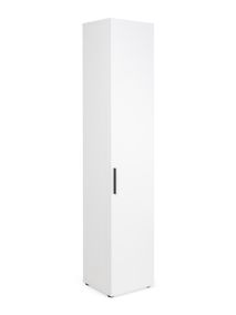 Witte smalle boekenkast met deur en zwarte handgreep, van melamine.