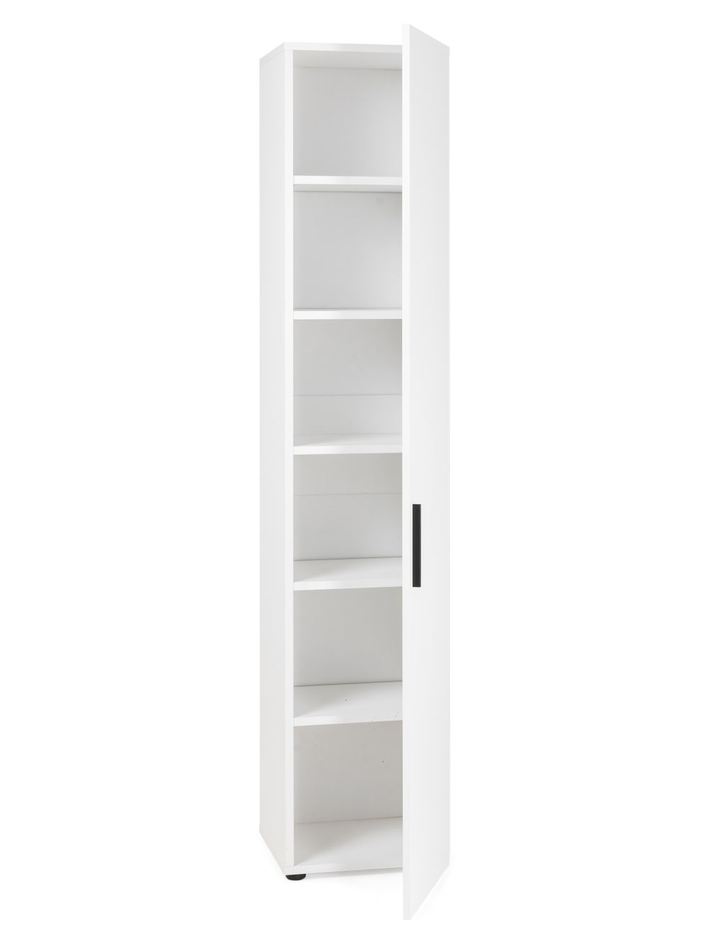 Witte melamine boekenkast MUNDO met zes opbergvakken, staand met gedeeltelijk geopende deur.