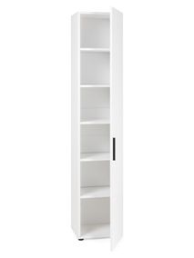 Witte melamine boekenkast MUNDO met zes opbergvakken, staand met gedeeltelijk geopende deur.