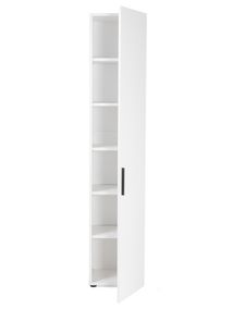Witte, hoge, smalle boekenkast met vijf planken en één deur van melamine.