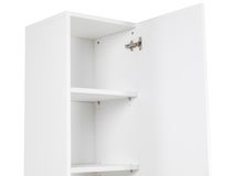 Witte MUNDO melamine boekenkast in detail, met verstelbare legplanken en scharnierende deur.