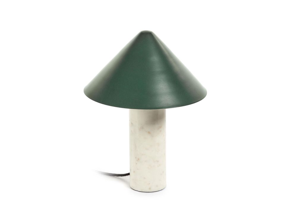 Tafellamp VALENTINE: witte marmeren voet met groene, kegelvormige kap.