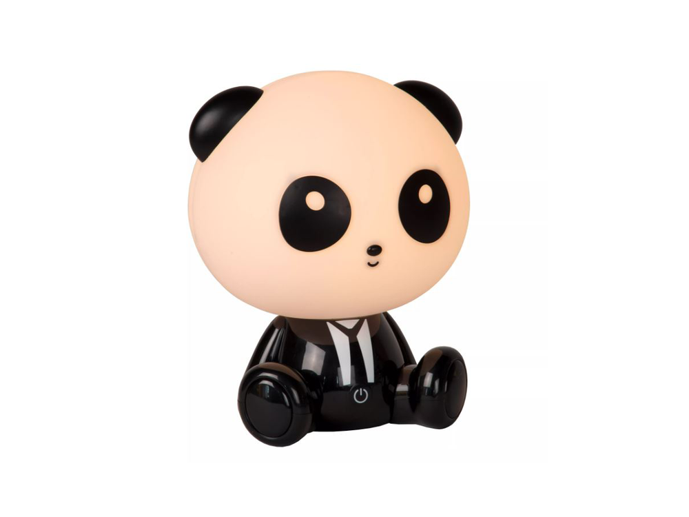 Zwart-witte tafellamp in de vorm van een zittende panda, gemaakt van kunststof.