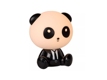 Zwart-witte tafellamp in de vorm van een zittende panda, gemaakt van kunststof.