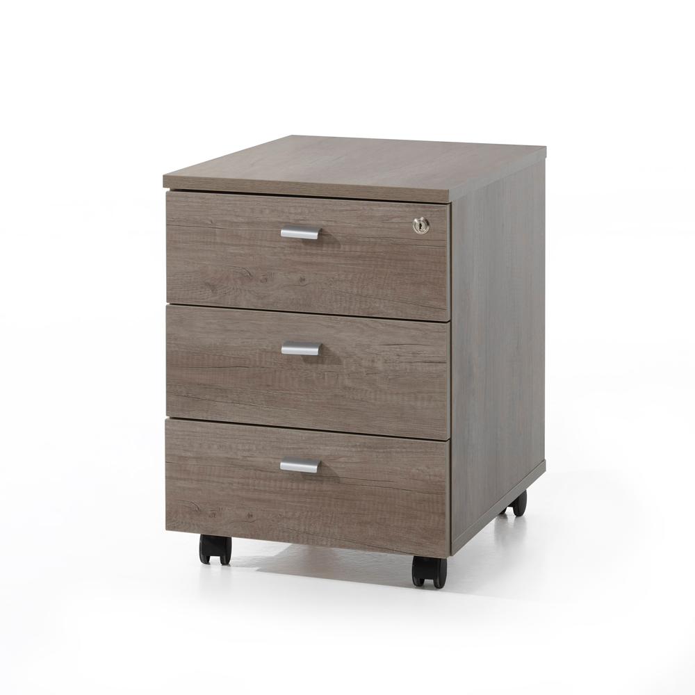 Ladenblok met 3 laden op wielen, hout met bruingrijze eikenhout look, met slot.