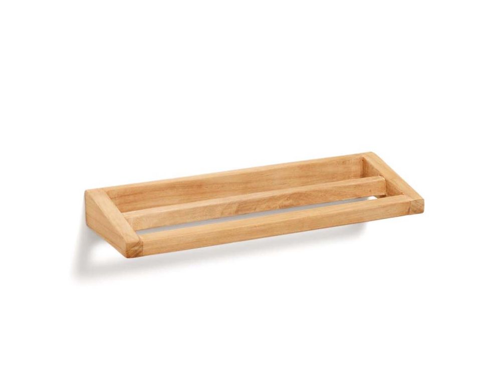 KENTA handdoekenrek van massief lichtbruin teak, aan de muur bevestigd.
