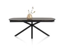 Uitschuifbare eetkamertafel MONTELLO met zwart marmeren blad en metalen onderstel.