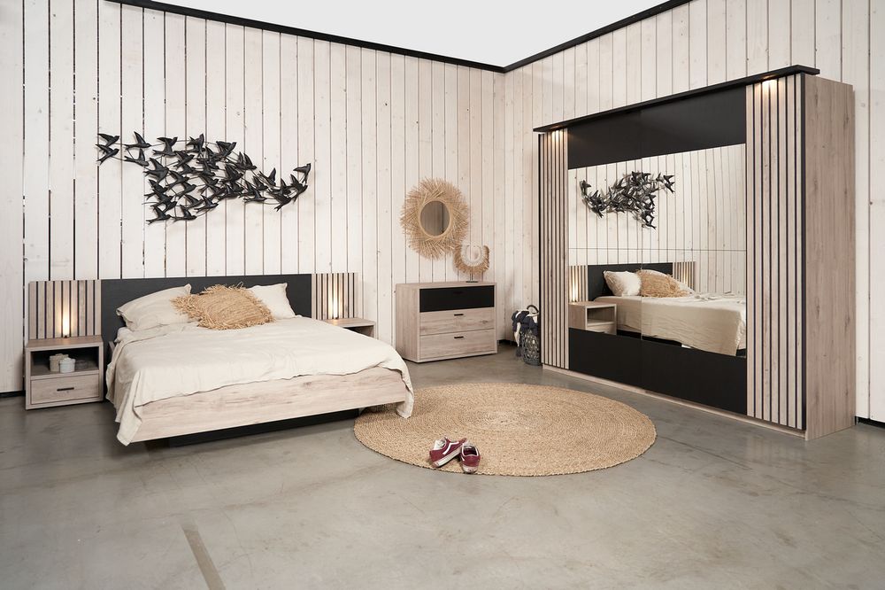 2-persoonbed met 2 nachttafels LIMA - Lichtgrijs e MBR LI LB180-2NK-MOLG