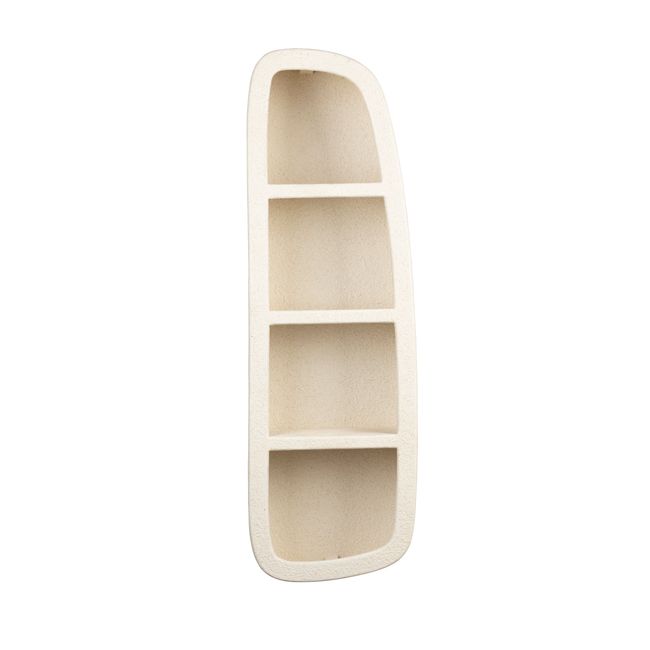 Veda wandkast, beige, van hout, met 4 open, ongelijke vakken, licht crèmekleurig interieur.